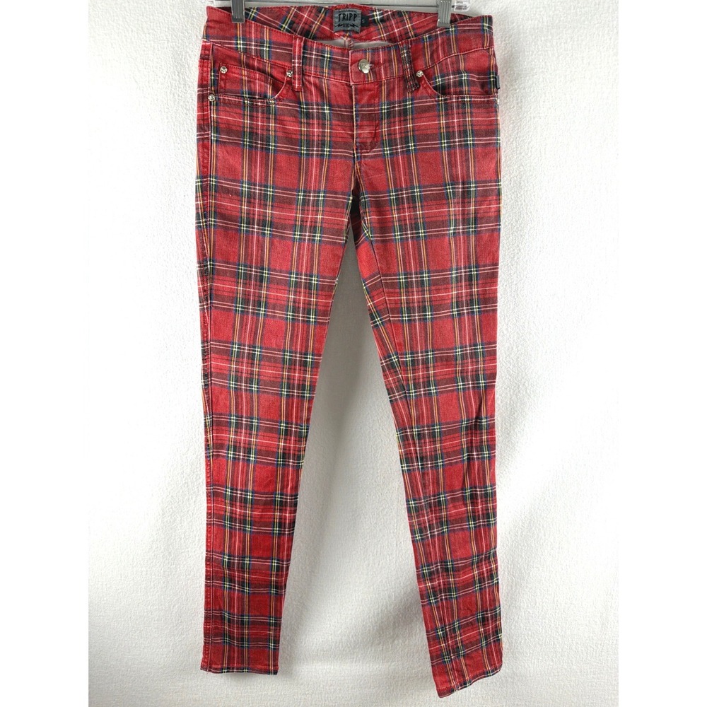 Tripp NYC Red Plaid Skinny Pants Womens 5 Punk Rock Skull Lace Up IS6235P
